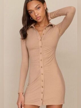 Reformation Button-Front Ribbed Mini Dress in Camel